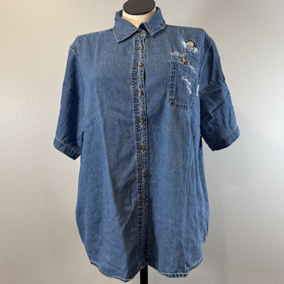 Curious George Womens Embroidered Denim Button-Up Shirt 22W Cotton Short Sleeve - Picture 1 of 14